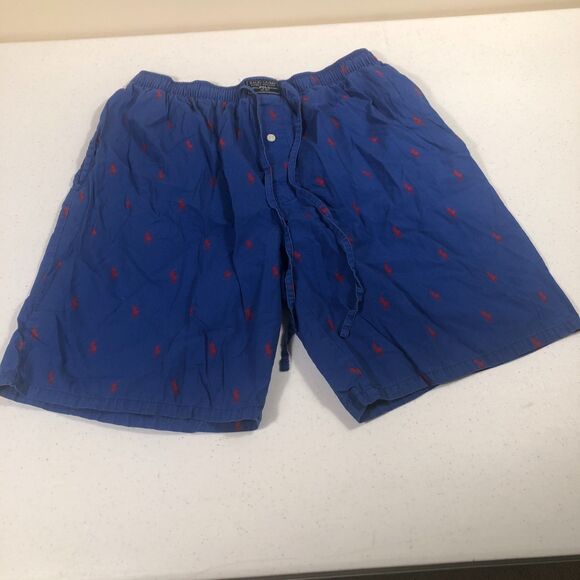 Polo Ralph Lauren Sleep Shorts Mens M Blue All Over Pony 100% Cotton 8" Inseam - Picture 1 of 6